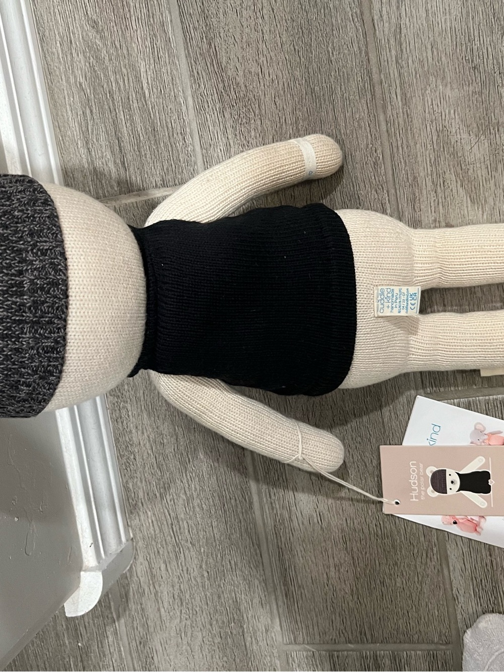 Hand-Knit Cream Bear Plush with Gray Hat and Black Vest - Picture 3 of 3